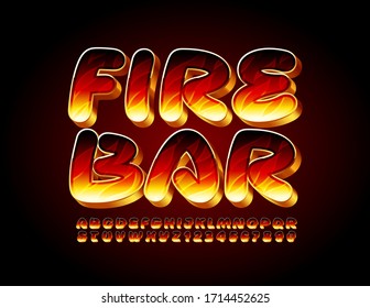 Vector Creative Emblem Fire Bar. Burning Alphabet Letters And Numbers. Flame Texture 3D Font