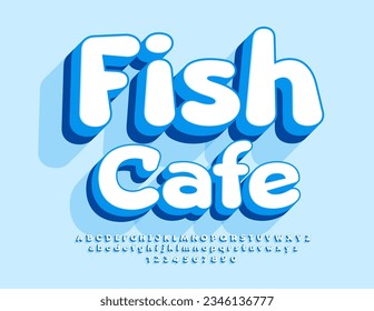 Vector creative Emblem Fish Cafe. Funny White Font. Artistic Alphabet Letters and Numbers