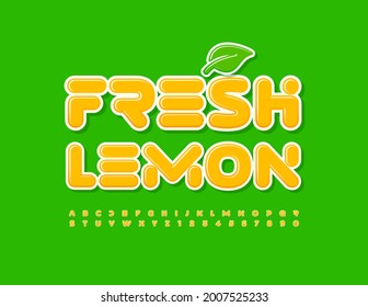 Vector creative emblem Fresh Lemonwith Decorative Leaf. Sunny Yellow Font. Bright Alphabet Letters and Numbers set