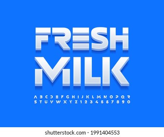 Vector creative emblem Fresh Milk. Techno style Alphabet Letters and Numbers set. Modern White Font