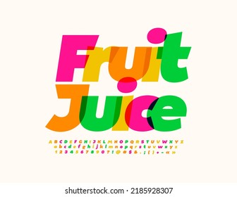 Emblema creativo vectorial Jugo de fruta. Fuente de acuarela brillante. Conjunto artístico de letras, números y símbolos alfabéticos