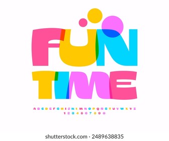 Vector creative Emblem Fun Time. Colorful Kids Font. Bright set of cool Alphabet Letters and Numbers.