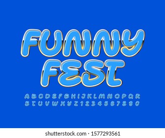 Vector creative Emblem Funny Fest. Playful Alphabet Letters and Numbers. Glossy Blue Font. 