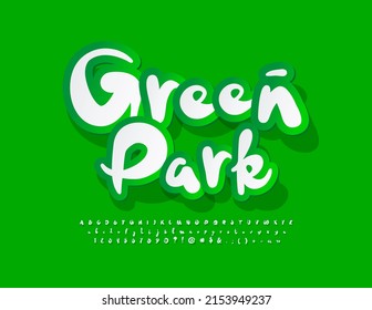 Vector creative emblem Green Park with paper style Font. Handwritten sticker Alphabet Letters, Numbers and Symbols set