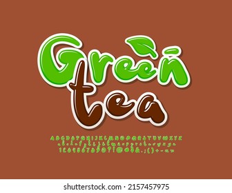 Vector creative Emblem Green Tea. Handwritten Playful Font. Modern Alphabet Letters, Numbers and Symbols set. 