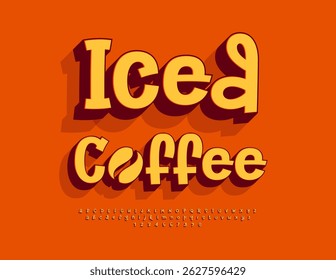 Vector Creative emblem Iced Coffee. Bright Artistic 3D Font. Unique Playful Alphabet Letters and Numbers set.