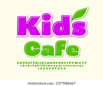 Vector creative emblem Kids Cafe. Green Glossy Font. Bright bold Alphabet Letters, Numbers and Symbols