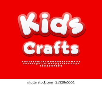 Emblema creativo de Vector Kids Crafts. Estilo de dibujos animados Font. Conjunto divertido de letras y números del alfabeto blanco y rojo.