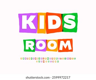 Vector Creative emblem Kids Room. Bright Joyful Font. Colorful Alphabet Letters, Numbers and Symbols.