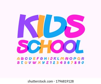 Vector creative emblem Kids School. Bright handwritten Font. Colorful Alphabet Letters and Numbers