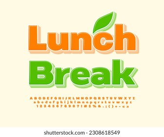 Vector creative Emblem Lunch Break. Bright Orange 3D Font. Modern Alphabet Letters and Numbers set