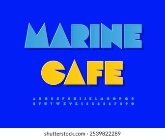 Vector creative Emblem Marine Cafe. Blue sticker Font. Modern Alphabet Letters and Numbers set.