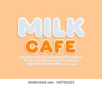 Vector creative emblem Milk Cafe with white Alphabet Letters, Numbers and Symbols. Shiny modern Font
