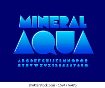 Vector creative emblem Mineral Aqua. Blue trendy Font. Modern Alphabet Letters and Numbers