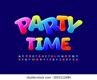 Vector creative Emblem Party Time. Colorful Glossy Font. Children Alphabet Letters and Numbers