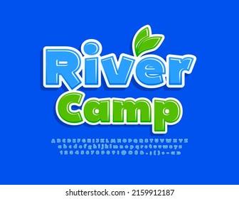 Vector creative emblem River Camp with decorative Leaves. Blue Alphabet Letters, Numbers and Symbols set. Funny style Font