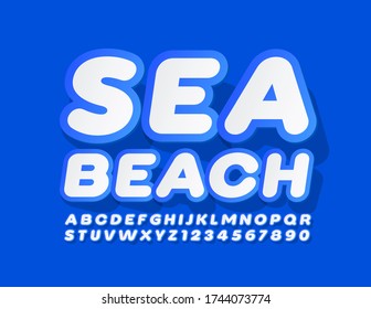 Vector creative emblem Sea Beach with White and Blue Font. Sticker Alphabet Letters and Numbers
