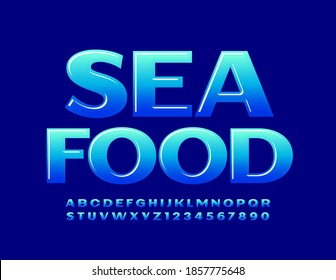 Emblema creativo vectorial Comida marina. Fuente azul degradado. Letras y números luminosos y brillantes