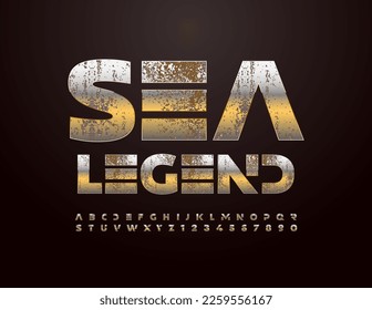 Vector creative Emblem Sea Legend. Aged metallic Font. Rusty Gold Alphabet Letters and Numbers.