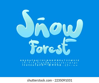 Vector creative emblem Snow Forest. Blue Glossy Font. Modern handwritten Alphabet Letters and Numbers set