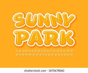 Vector creative emblem Sunny Park. Yellow comic Font. Funny Alphabet Letters and Numbers set