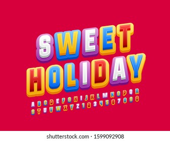Vector creativo Emblem Sweet Holiday. Fuente moderna y brillante. Letras y números de alfabeto coloridos