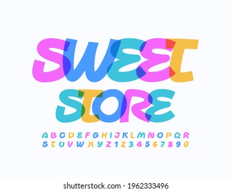Vector creative emblem Sweet Store. Artistic bright Font. Colorful Alphabet Letters and Numbers set