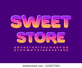 Vector Creative Emblem Sweet Store. Glossy Kids Font. Trendy Alphabet Letters and Numbers.