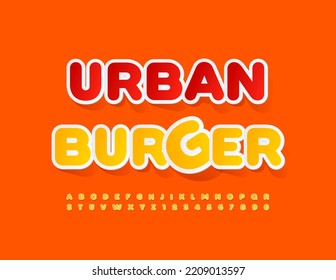Emblema creativo vectorial Burger Urbana. Tipo de letra de emoticono amarillo. Conjunto de letras y números de alfabeto de estilo moderno