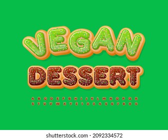 Vector creative emblem Vegan Dessert. Chocolate Font with Sugar Sprinkles. Delicious Donut Alphabet Letters and Numbers set