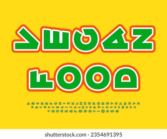 Vector creative Emblem Vegan Food. Colorful rotated Font. Bright Alphabet Letters and Numbers