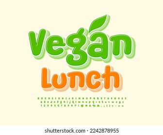 Vector creative emblem Vegan Lunch. Green 3D Font. Modern bright Alphabet Letters and Numbers