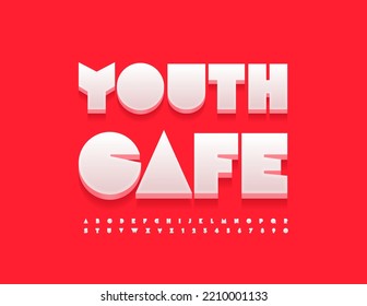 Vector creative Emblem Youth Cafe. Trendy white 3D Font. Artistic Alphabet Letters and Numbers set