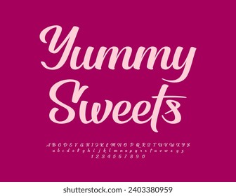 Vector creative emblem Yummy Sweets with cursive Alphabet Letters and Numbers set. Pink artistic Font