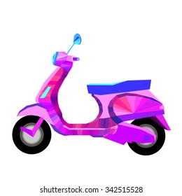 Vector creative flat design scooter. Classic looking cartoon moped, side view. Two wheeled transport moped with road traffic