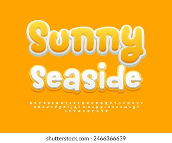 Vector creative flayer Sunny Seaside. Funny White and Yellow Font. Playful Alphabet Letters and Numbers set.