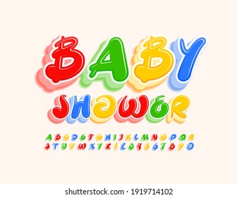 Vector creative flyer Baby Shower. 3D Handwritten Font. Bright artistic Alphabet Letters and Numbers set