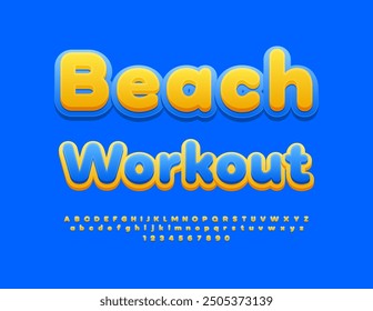 Vector volante creativo Beach Workout. Amarillo y azul fuente brillante. Conjunto de letras y números de alfabeto decorativo.