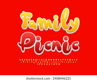 Vector creative flyer Family Picnic. Funny handwritten Font. Modern playful Alphabet Letters and Numbers set