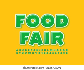 Vektor kreative Flyer Food Fair. Grüner glänzender Schriftzug. Moderne Alphabet-Buchstaben und -Zahlen	