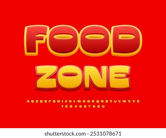 Flyer creativo Vector Food Zone. Fuente artística amarilla y roja. Letras y números con estilo. 