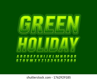 Vector creative flyer Green Holiday with Glowing Font. Gradient color Alphabet Letters and Numbers