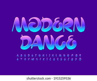 Flyer criativo vetor Dança Moderna. Fonte artística brilhante. Conjunto de letras e números do alfabeto criativo