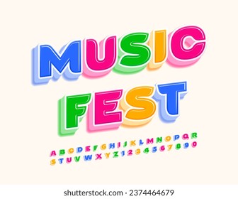 Festival de música de volante creativo vectorial. Fuente 3D girada brillante. Conjunto de letras y números coloridos de los alfabetos.