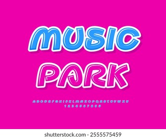 Vector creative flyer Music Park. Funky Glossy Font. Playful Alphabet Letters and Numbers