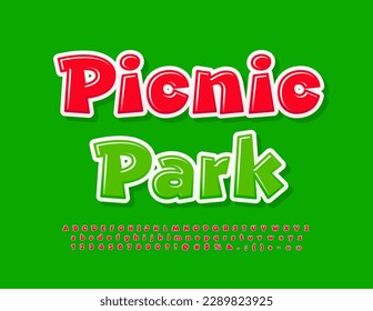 Vector creative flyer Picnic Park with playful Red Font. Creative Alphabet Letters, Numbers and Symbols set