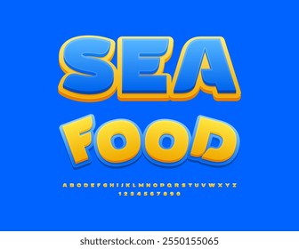 Vector creative flyer Sea Food. Yellow and Blue Bright Font. Stylish Alphabet Letters and Numbers.