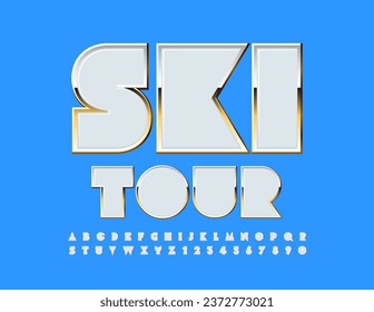 Vector creative flyer Ski Tour.  Modern Chic Font. Snow White Alphabet Letters and Numbers set