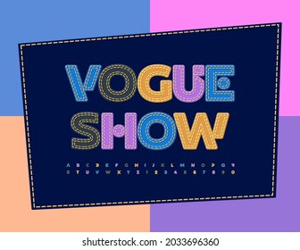 Volante creativo vectorial Vogue Show con las últimas letras y números de los alfabetos. Tipo de letra Denim