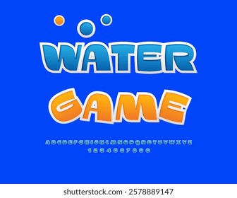 Vector Creative flyer Water Game. Elegant Blue Sticker Font. Typography Modern Alphabet Letters and Numbers set.